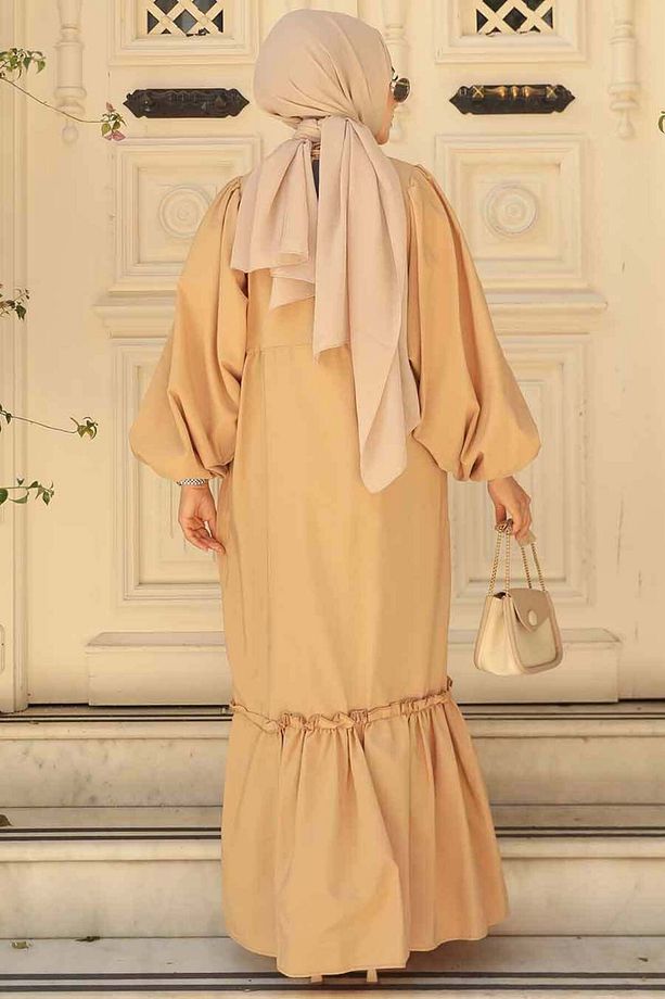 Balon Kol Bisküvi Tesettür Poplin Elbise 57341bs - 3