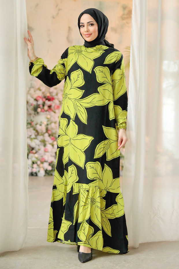 Floral Patterned Oil Green Hijab Dress 15724YY