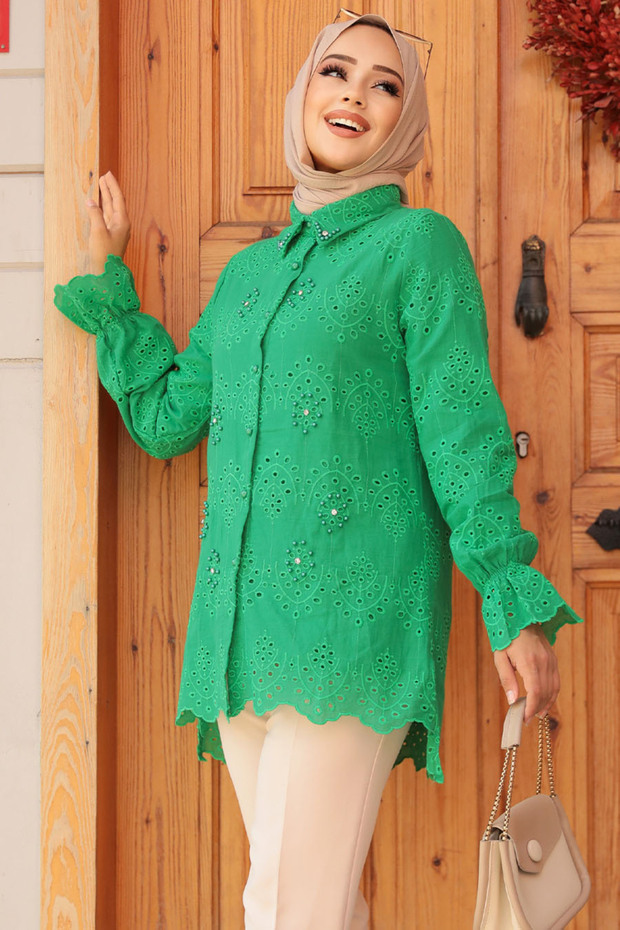 Green Guipure Detailed Hijab Tunik - 13991Y