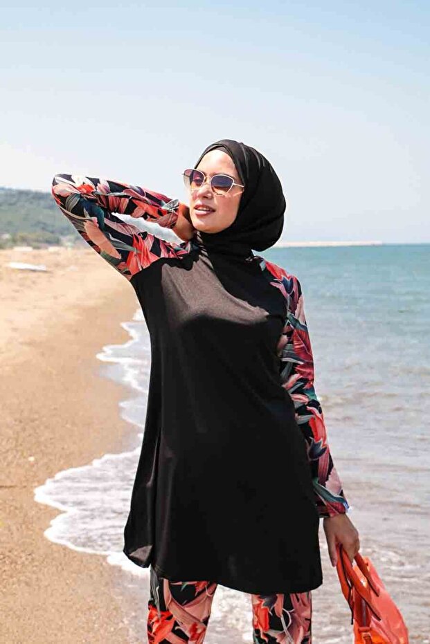 Black Full Covered Hijab Swimsuit with Tie Strings 1945S