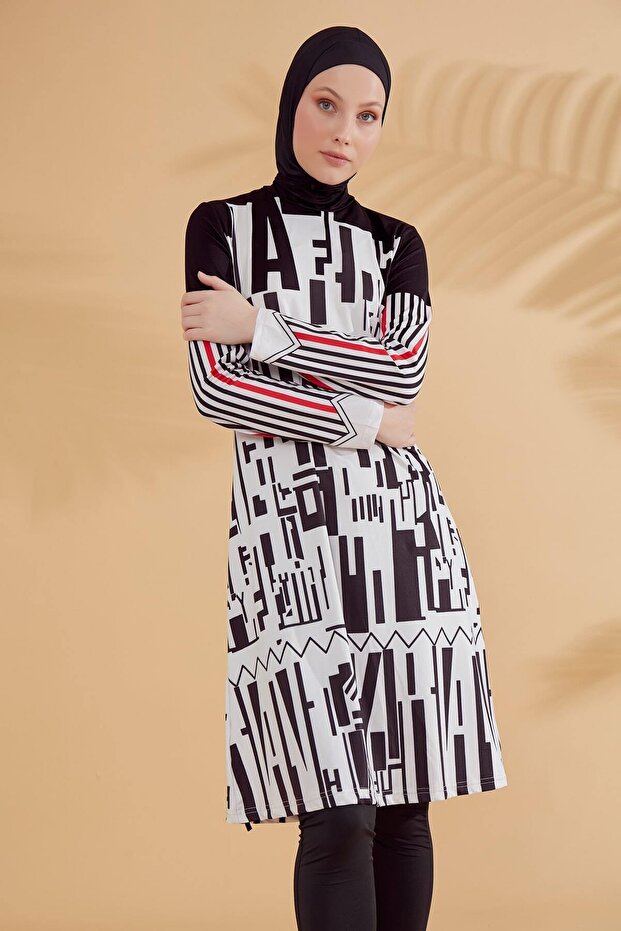 Black Geometric Patterned Full Covered Hijab Swimsuit M2302S