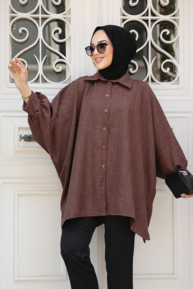 Bat Sleeve Dark Brown Hijab Tunic 11853KKH