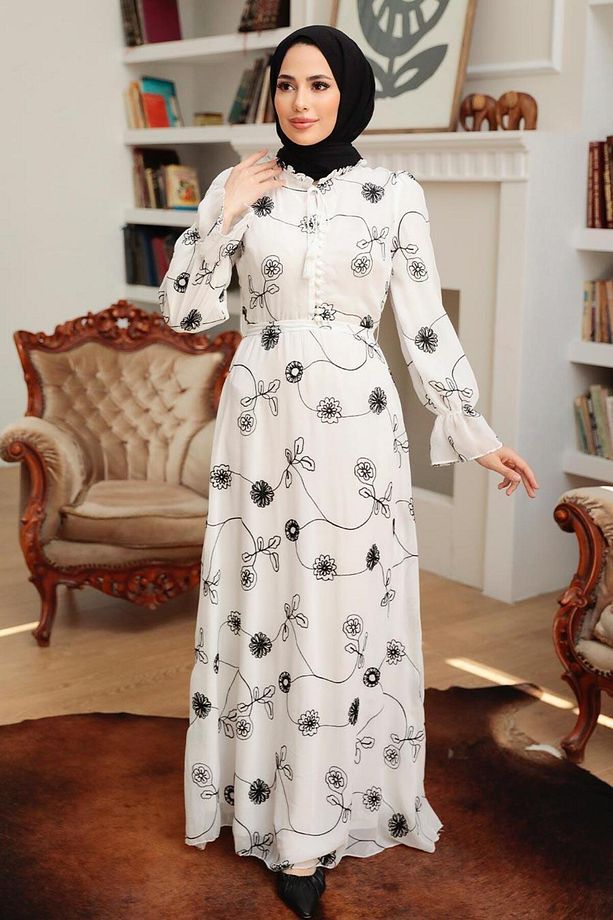 Çiçek Desenli Ekru Tesettür Elbise 32944e - 2