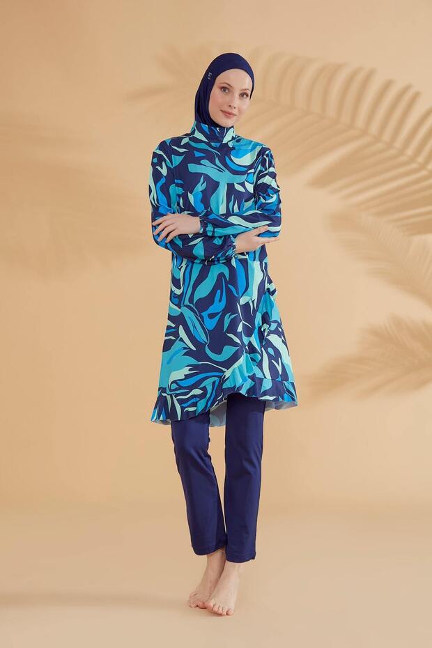 Patterned Navy Blue Full Covered Hijab Swimsuit M2334L