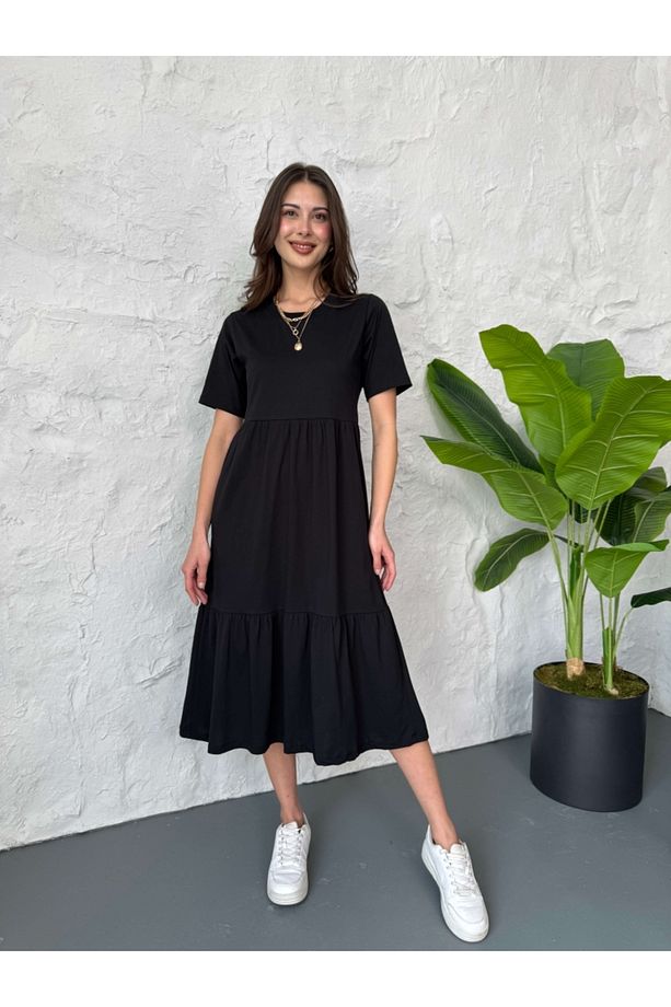 Siyah Basic Midi Elbise - 4