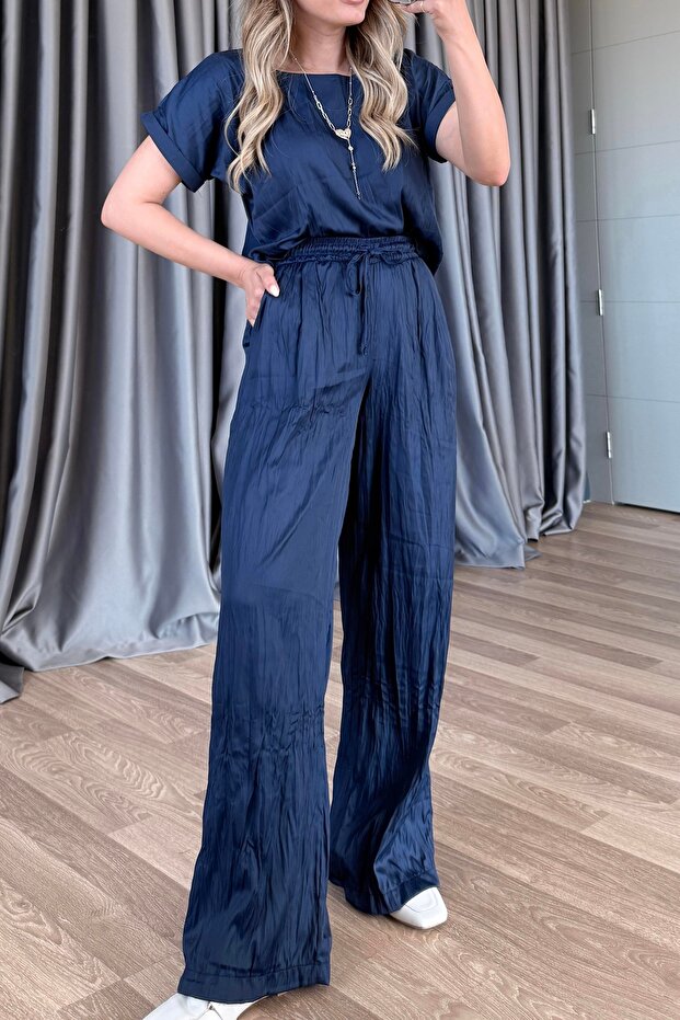 Women's Wrinkled Fabric Bluz Pants Set 4S203
