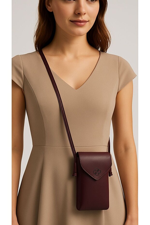 Women's Clamshell Burgundy Magnetic Leather Phone Bag