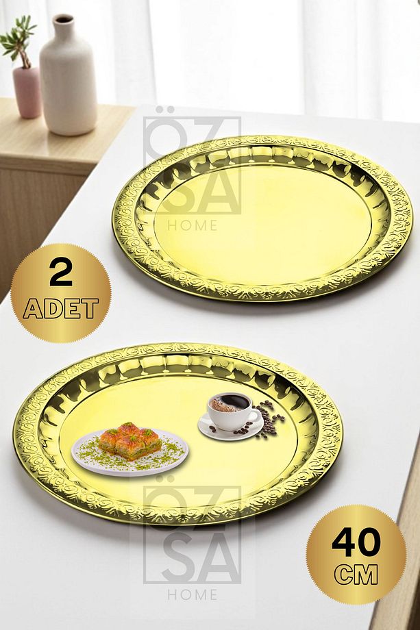 2 Adet Paslanmaz Çelik Desenli Gold Yuvarlak Çay Tepsi Kahve Servis Sunum Tepsi 40cm - 1