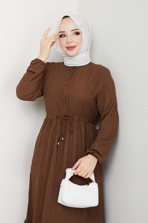 Kadın Modest Basic Boydan Düğmeli Yazlık Rahat Tarz Tesettür Elbise - 4