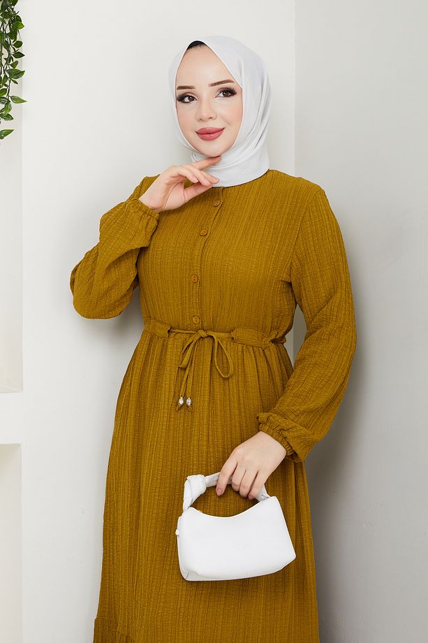 Kadın Modest Basic Boydan Düğmeli Yazlık Rahat Tarz Tesettür Elbise - 6
