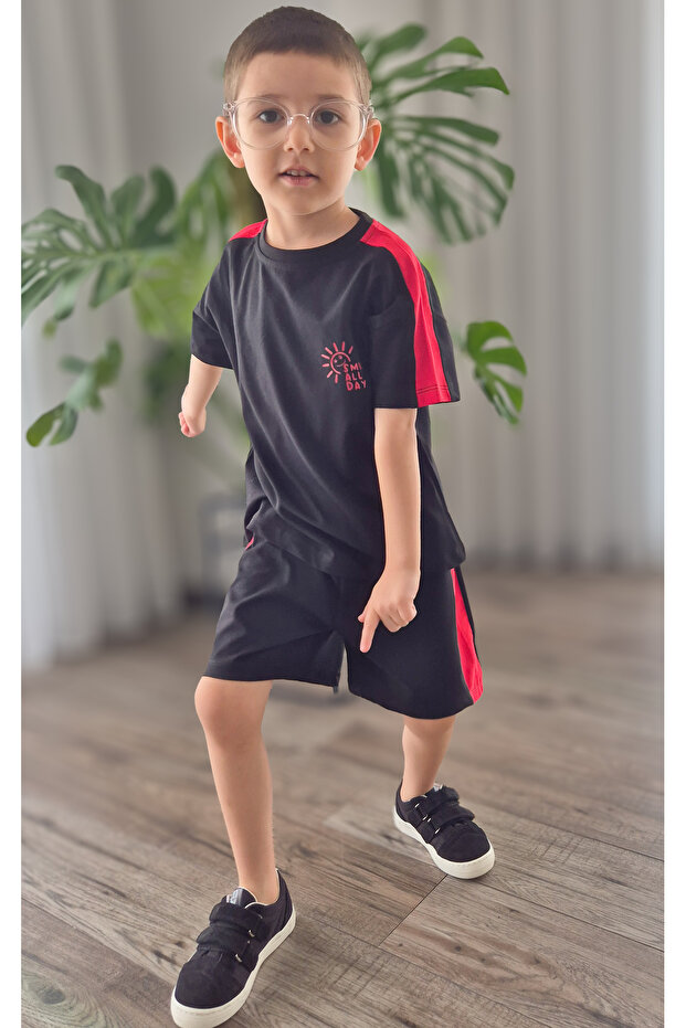 Smile All Day Red/Black Garnished Shorts Summer Unisex Suit