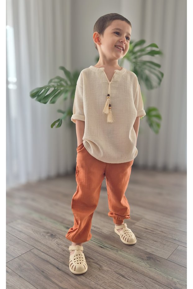 Copper Muslin Trousers & Natural Şile Bezi Capri Sleeve Tassel Shirt Cotton Summer Set Mtye0071