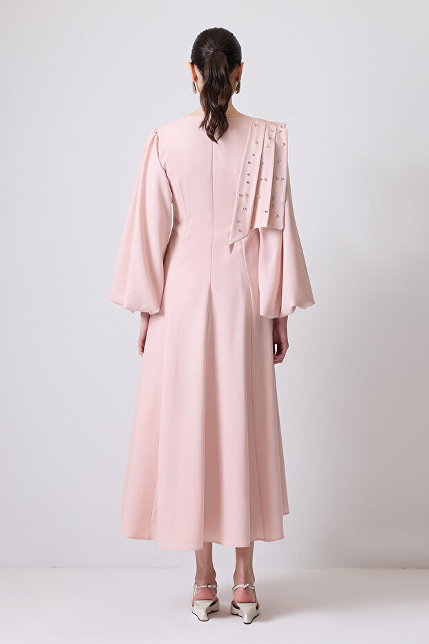 TAŞ İŞLEMELİ BALON KOLLU ELBİSE - 4