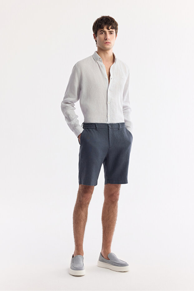 Erkek Antrasit Beli Lastikli %100 Keten Relaxed Fit Şort B003732 - 1