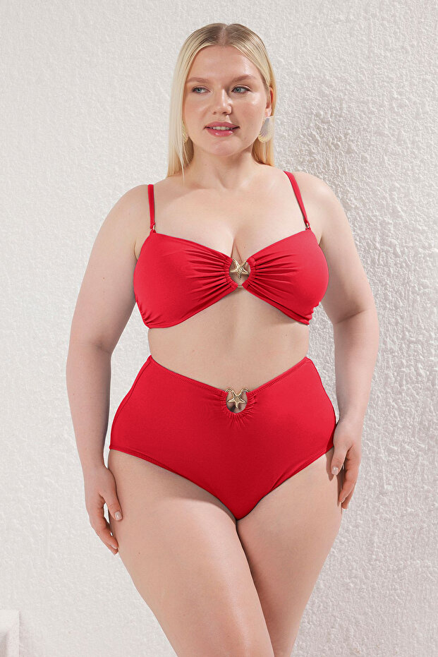 Kırmızı Yüksek Bel Aksesuar Detaylı Büyük Beden Bikini Altı TBBSS25CR00000 - 2