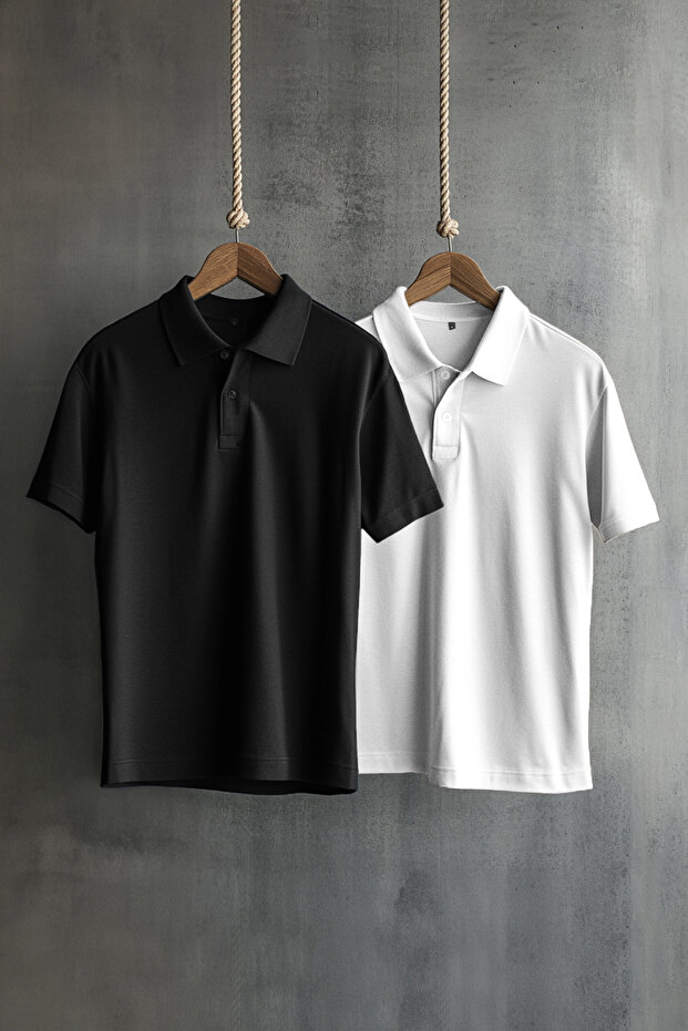 Siyah-Beyaz 2'li Regular/Normal Kesim %100 Pamuklu Polo Yaka T-shirt - 1