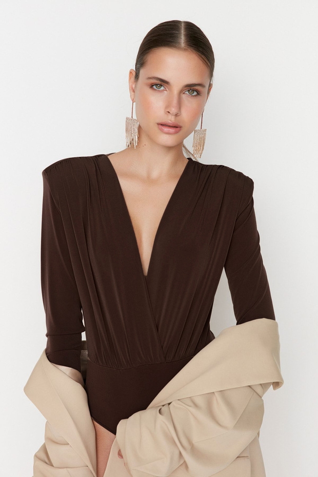 Kahverengi Kruvaze Yaka Örme Body TPRAW22BD0161 - 2