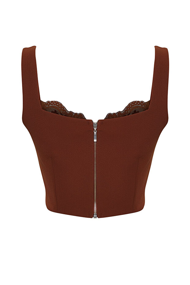Kahverengi Crop Dantel Detaylı Dokuma Şık Büstiyer TPRSS25BS00031 - 6