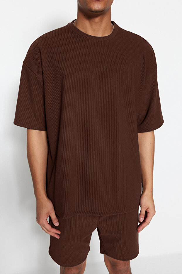 Kahverengi Oversize/Geniş Kesim Dokulu Ottoman T-Shirt TMNSS23TS00081 - 4