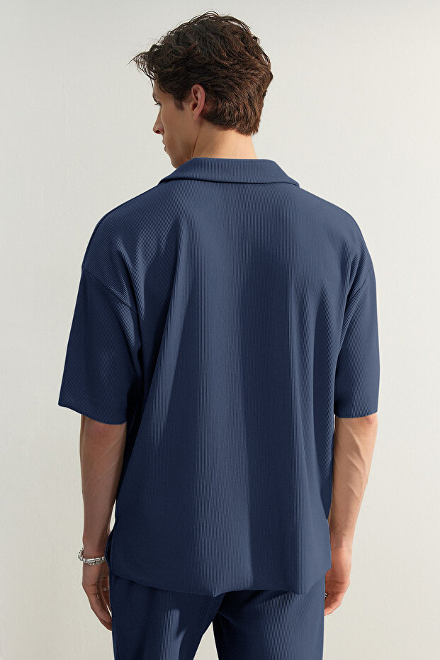 Indigo Oversize/Geniş Kesim Dokulu Ottoman Polo Yaka T-Shirt TMNSS23PO00020 - 2