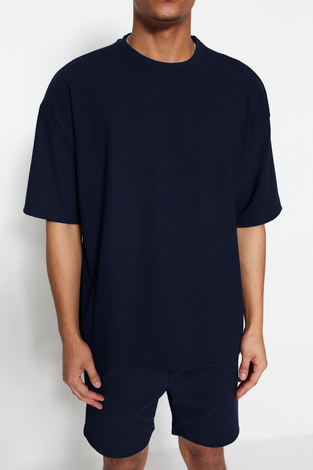 Lacivert Oversize Bisiklet Yaka Kısa Kol Dokulu Kırışmaz Ottoman T-Shirt TMNSS23TS00081 - 4