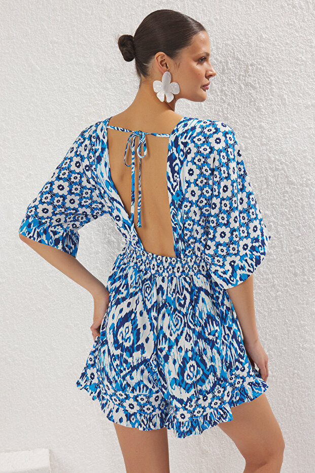 Çiçek Desenli Dokuma Cut Out Detaylı Plaj Mini Tulum TBESS23EL00017 - 4