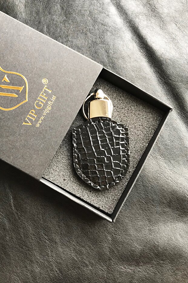 Genuine Leather Keychain Black Python Printed - 1