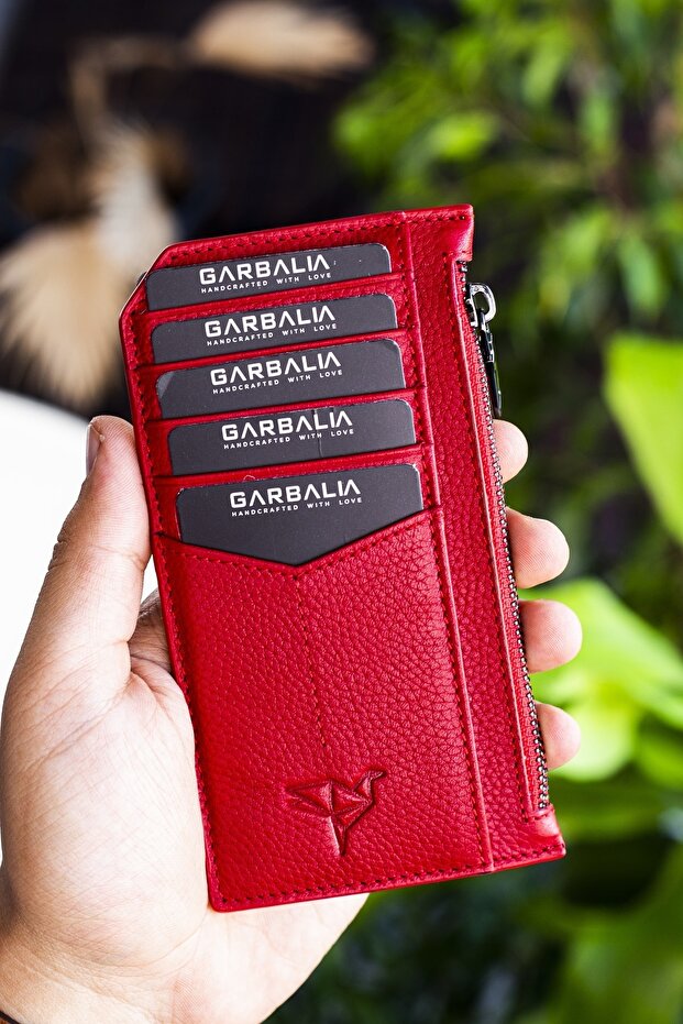 Unisex Red Blush Genuine Leather Zippered Card Holder Wallet
