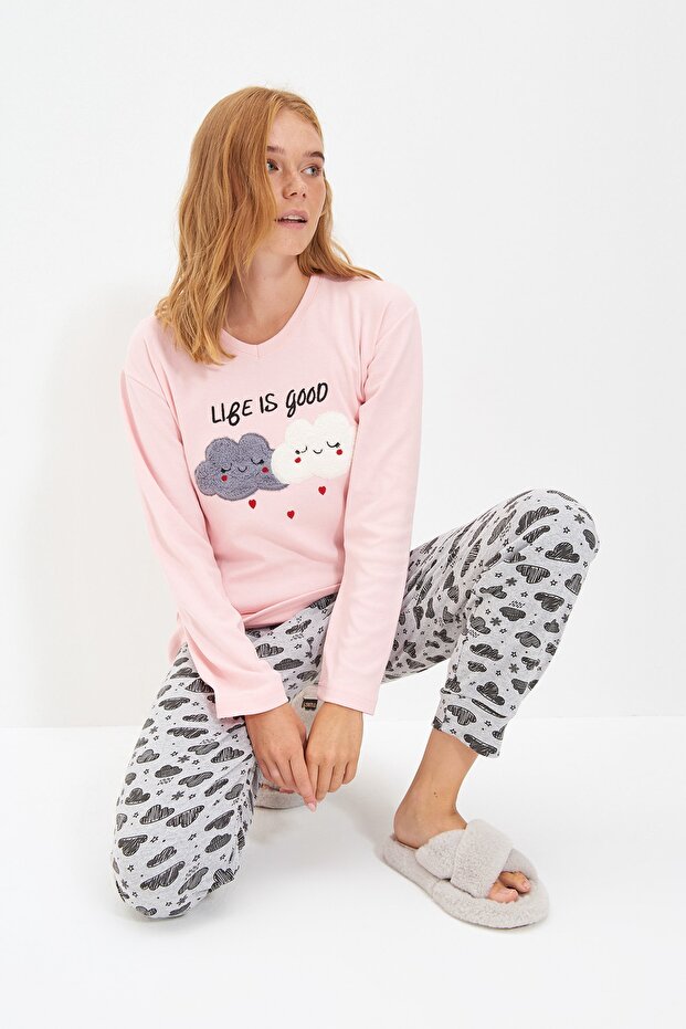 Somon Pamuklu Nakışlı Örme Pijama Takımı THMAW21PT0646 - 2