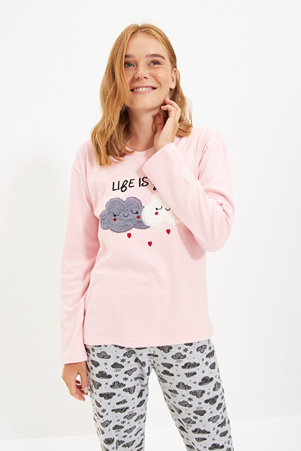 Somon Pamuklu Nakışlı Örme Pijama Takımı THMAW21PT0646 - 4