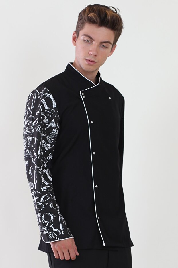 Black Sleeve Patterned White Piping Chef Jacket - 2