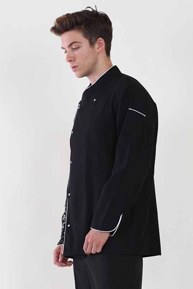 Black Sleeve Patterned White Piping Chef Jacket - 3