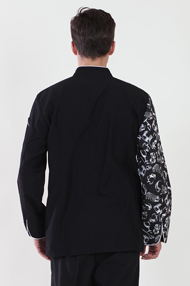 Black Sleeve Patterned White Piping Chef Jacket - 4