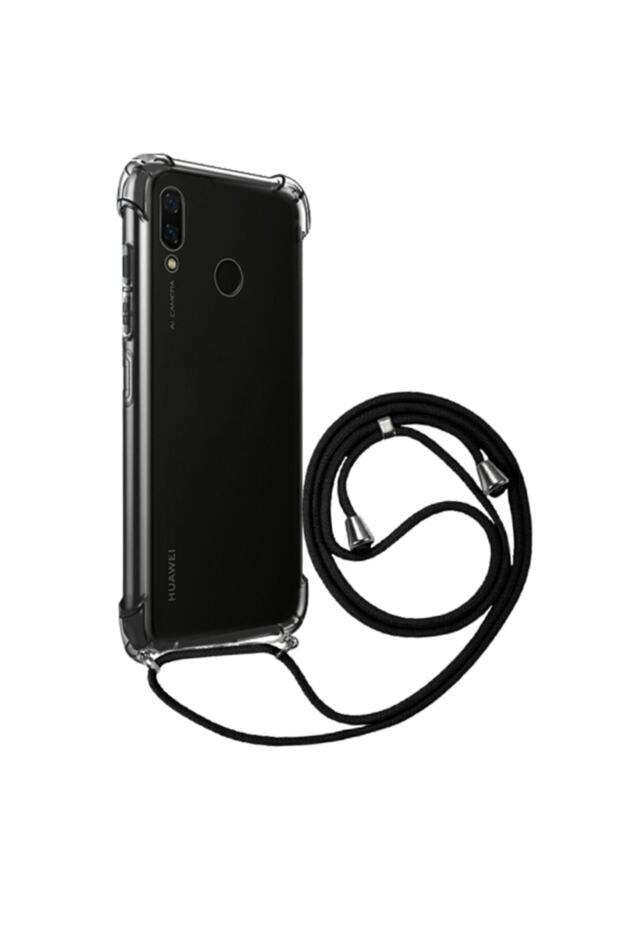 جراب سيليكون شفاف متوافق مع هاتف Huawei P Smart 2019 مع حبل أسود للرقبة