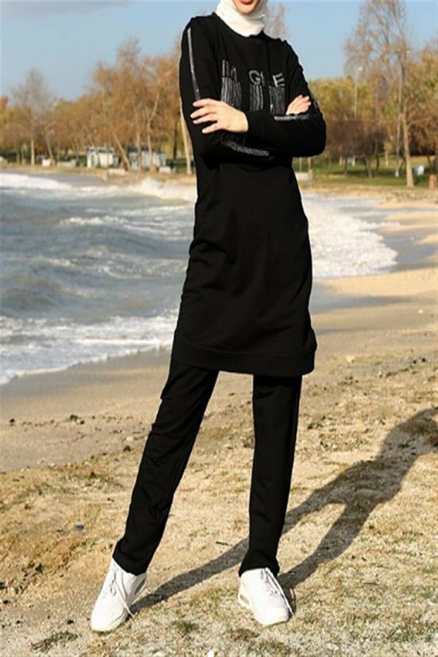 Women's Stoned Black Hijab Tracksuit Set