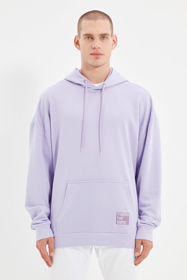 Lila Oversize/Geniş Kesim Kapüşonlu İçi Polar/Sıcak Tutan Sweatshirt TMNAW21SW2005 - 1