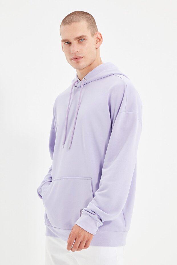 Lila Oversize/Geniş Kesim Kapüşonlu İçi Polar/Sıcak Tutan Sweatshirt TMNAW21SW2005 - 3