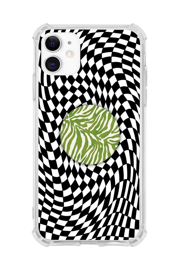 Iphone 11 Darbe Emici Dama Desenli Ve Yeşil Zebra Desenli Popsocket Kombini - 1