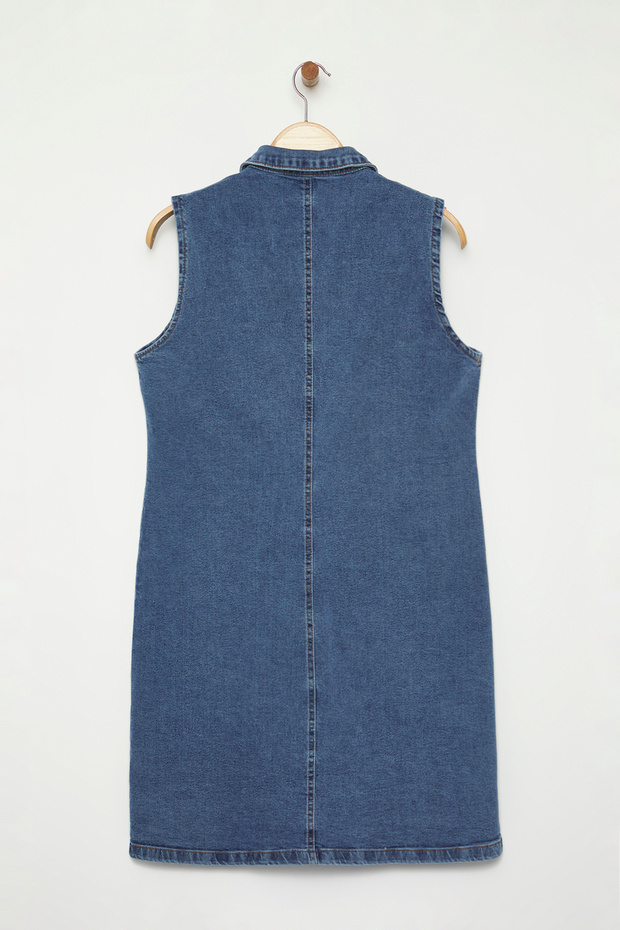 Açık Mavi Gömlek Yaka Cepli Orta Esnek Büyük Beden Denim Elbise TBBSS25AH00088 - 8