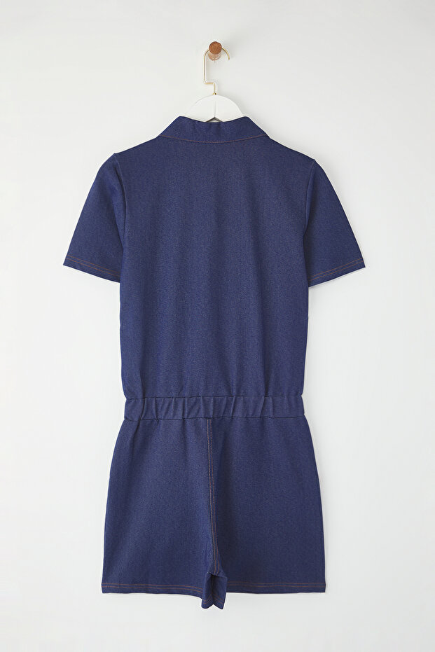 Indigo Denim Görünümlü Düğmeli Kısa Şortlu Tulum TWOSS25TU00044 - 6