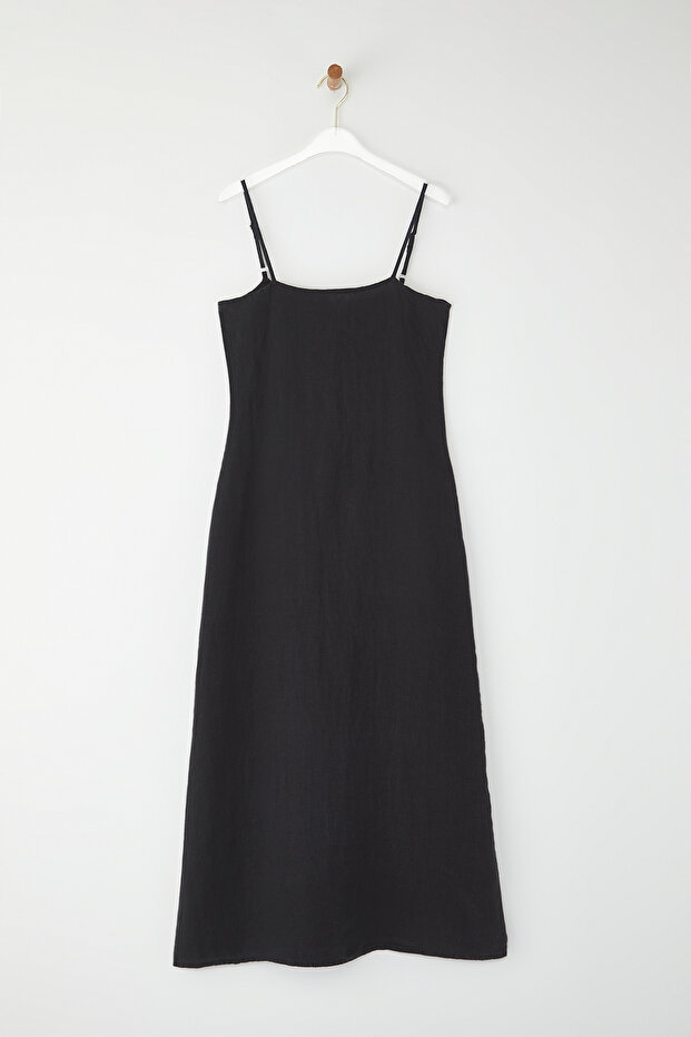 Siyah %100 Keten Basic Midi Elbise TWOSS25EL00606 - 9