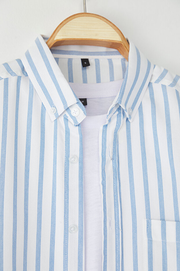 Gri-Mavi Regular Fit Çizgili Oxford Kolay Ütülenebilir Erkek Gömlek TMNSS25GO00078 - 4