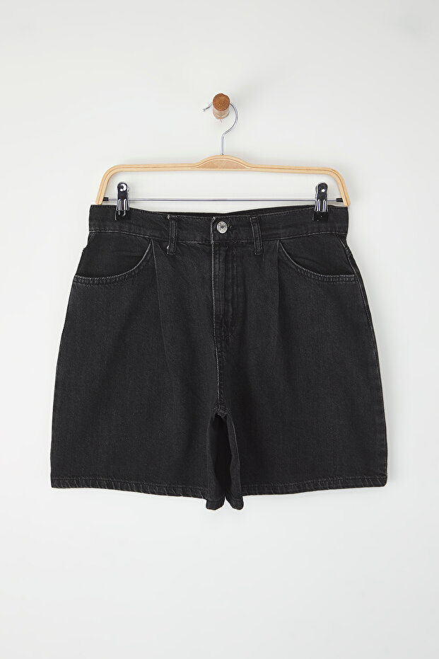 Siyah Yüksek Bel Pileli Denim Bermuda TWOSS25SR00179 - 5
