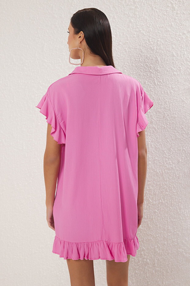 Pembe Dokuma Maxi Plaj Elbise TBESS25EL00074 - 5