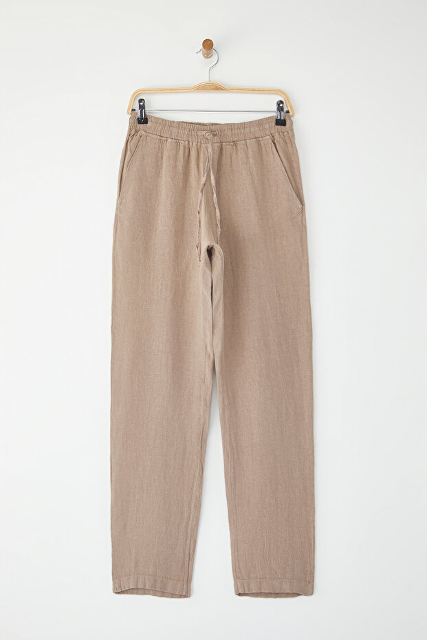 Bej %100 Keten Regular Fit Pantolon TMNSS24PL00018 - 5