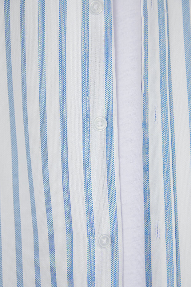 Gri-Mavi Regular Fit Çizgili Oxford Kolay Ütülenebilir Erkek Gömlek TMNSS25GO00078 - 5