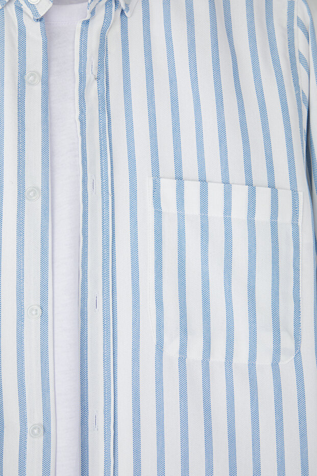 Gri-Mavi Regular Fit Çizgili Oxford Kolay Ütülenebilir Erkek Gömlek TMNSS25GO00078 - 3