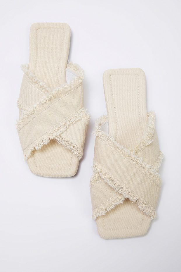Ecru Tassel Detailed Denim Cross Strap Kapcie Damskie TAKSS25TE00043 - 1