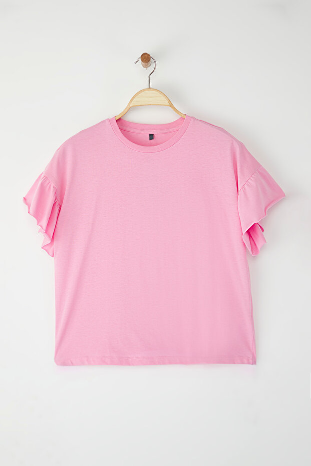 Pembe %100 Pamuk Fırfır Detaylı Basic Bisiklet Yaka Örme T-Shirt TWOSS22TS2429 - 5