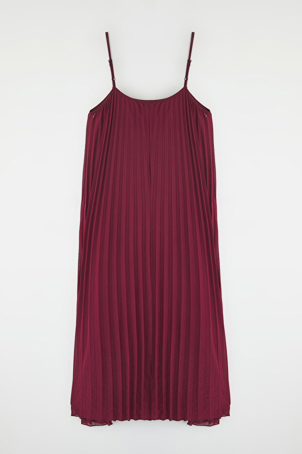 Bordo Düz Yırtmaçlı Maxi Piliseli A-line Tül Esnek Örme Elbise TWOSS25EL00170 - 6